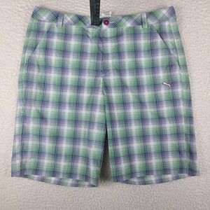Puma Shorts Mens 38 Green Blue Plaid 11" Inseam Casual Performance Golf Chino‎